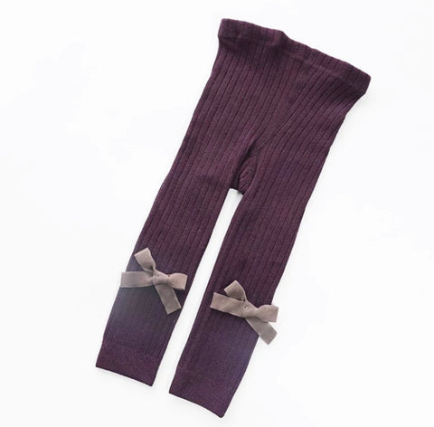 Purple Ribbed Leggings with Bows