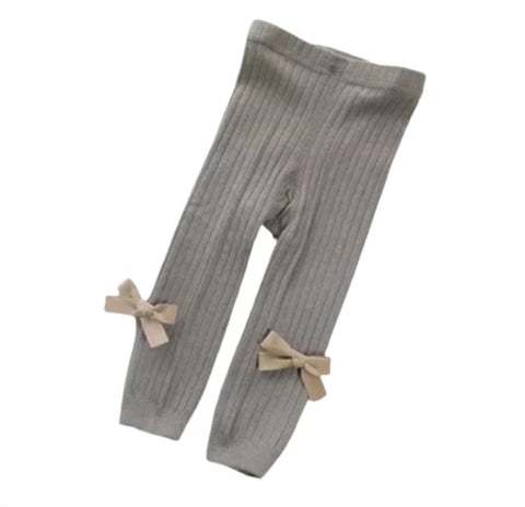 Grey Ribbed Leggings with Bows
